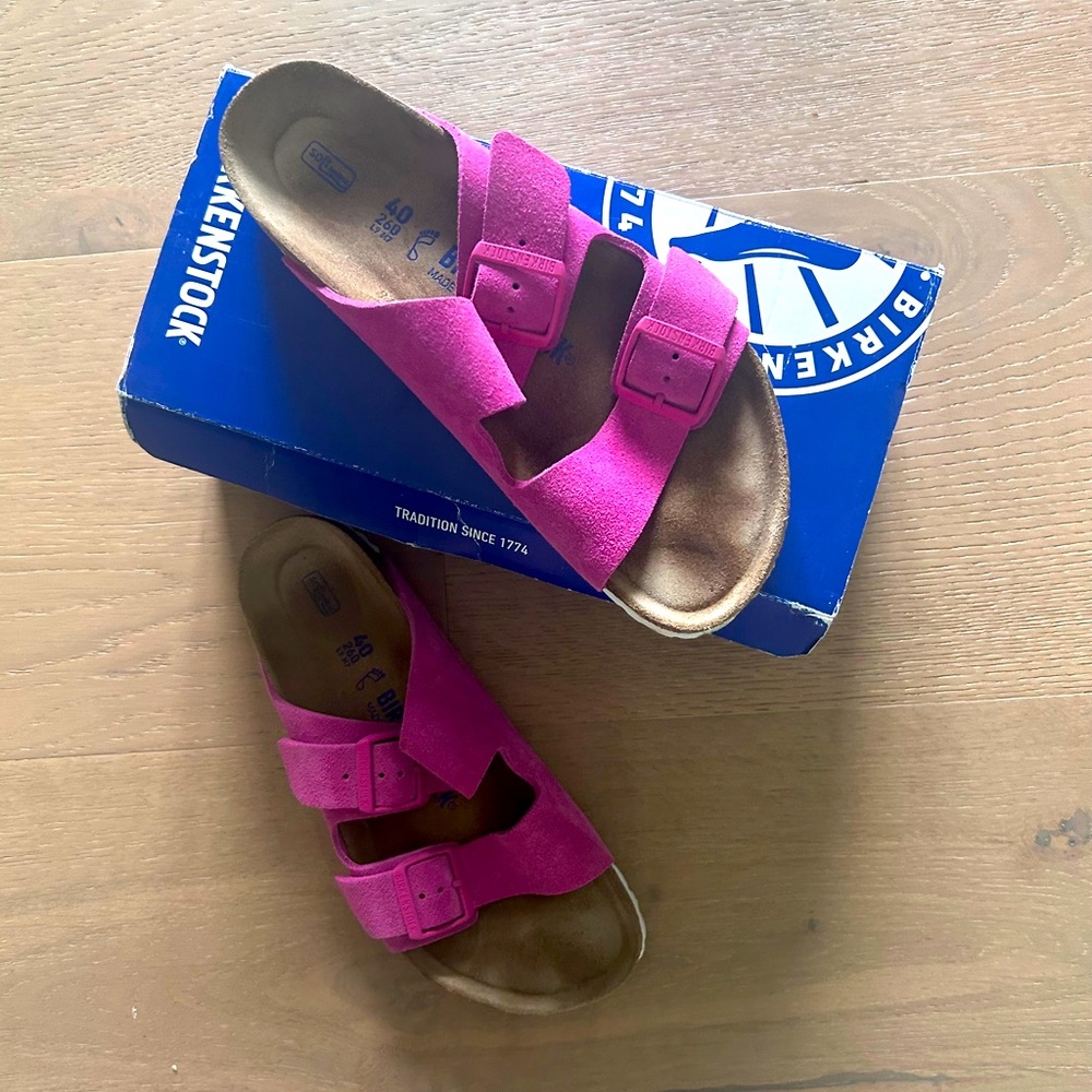 Birkenstock Pink Suede Two-Strap Arizona Sandals